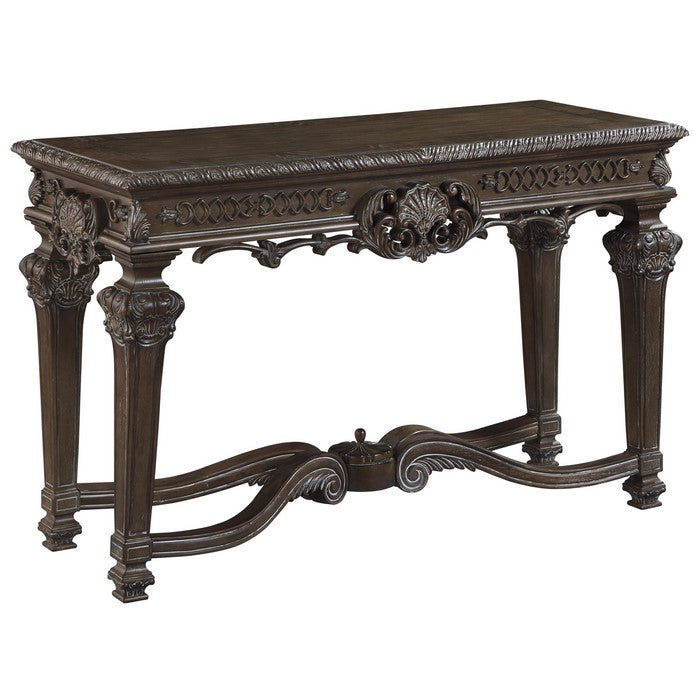 Ornate Engraved Wooden Frame Sofa Table with Fluted Turned Legs, Brown