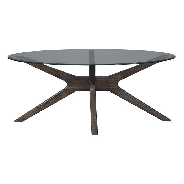 Oval Glass Top Cocktail Table with Wooden Boomerang Base, Brown and Clear