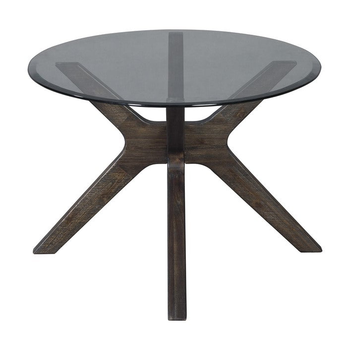 Oval Glass Top Cocktail Table with Wooden Boomerang Base, Brown and Clear