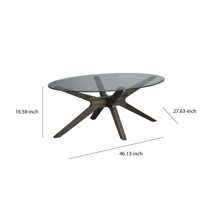 Oval Glass Top Cocktail Table with Wooden Boomerang Base, Brown and Clear