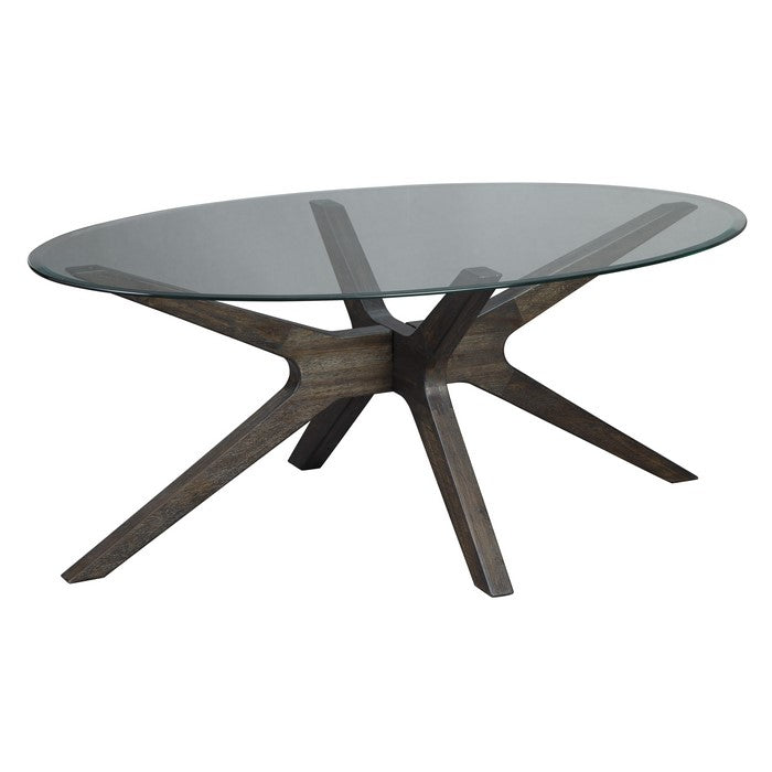 Oval Glass Top Cocktail Table with Wooden Boomerang Base, Brown and Clear