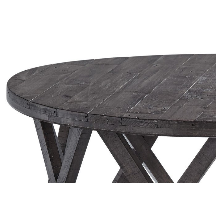 Plank Style Round Wooden Frame Cocktail Table with Lattice Cut Out, Gray