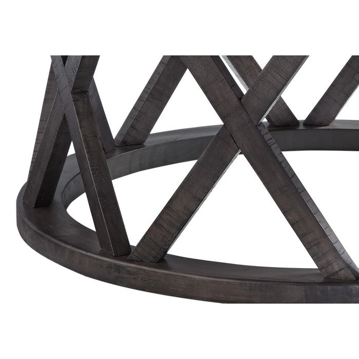 Plank Style Round Wooden Frame Cocktail Table with Lattice Cut Out, Gray