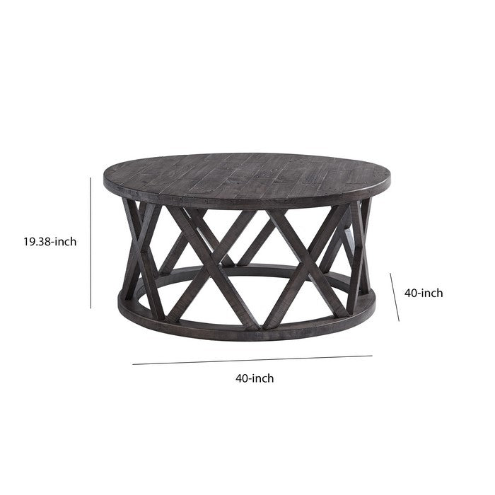 Plank Style Round Wooden Frame Cocktail Table with Lattice Cut Out, Gray