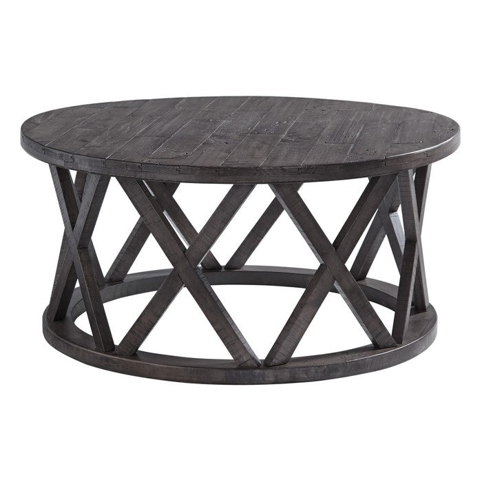 Plank Style Round Wooden Frame Cocktail Table with Lattice Cut Out, Gray