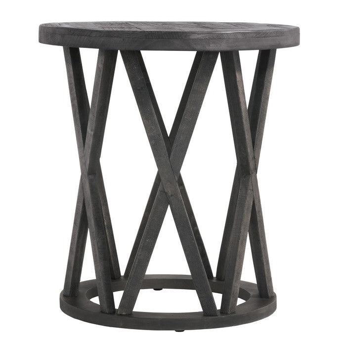 Plank Style Round Wooden Frame End Table with Lattice Cut Out, Gray