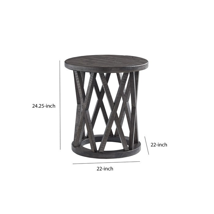 Plank Style Round Wooden Frame End Table with Lattice Cut Out, Gray