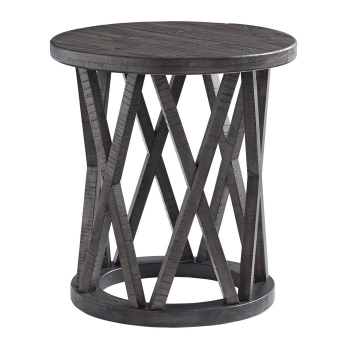 Plank Style Round Wooden Frame End Table with Lattice Cut Out, Gray
