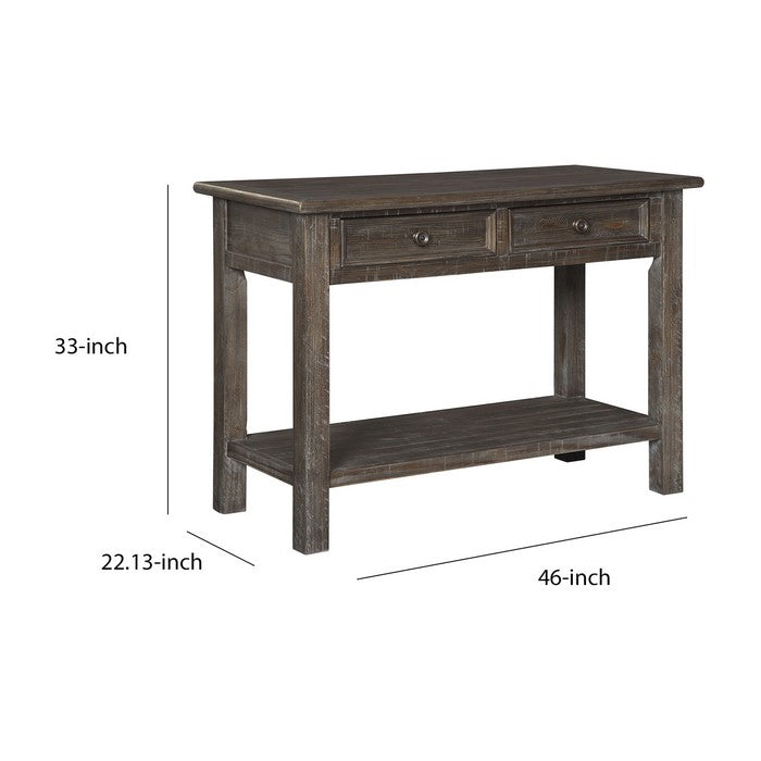 Plank Style Wooden Sofa Table with 2 Drawers and 1 Open Shelf, Rustic Brown