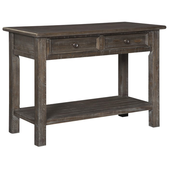 Plank Style Wooden Sofa Table with 2 Drawers and 1 Open Shelf, Rustic Brown