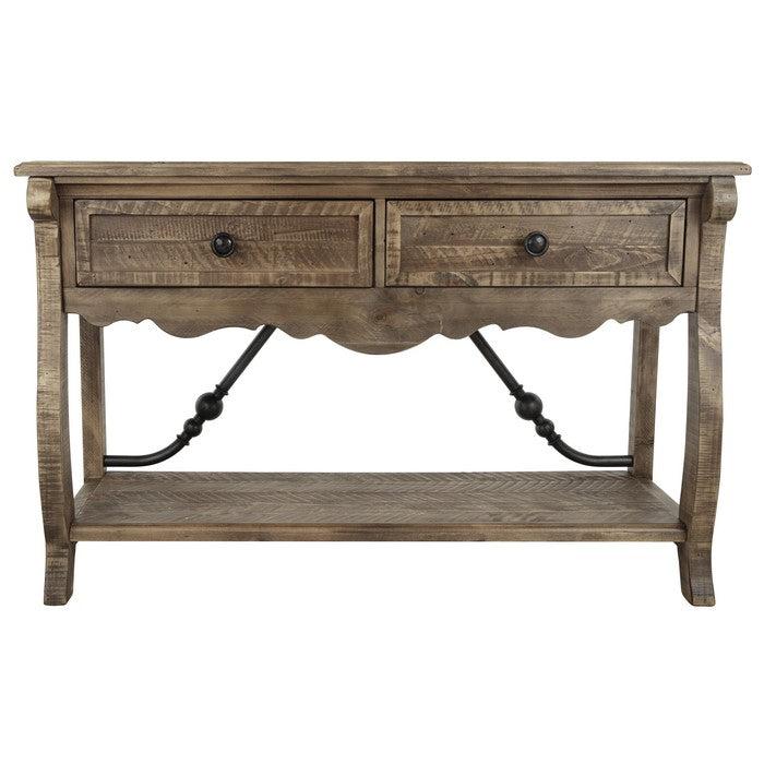 Reclaimed Wooden Frame Sofa Table with 2 Drawers and Open Shelf, Oak Brown