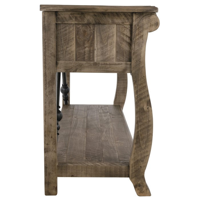 Reclaimed Wooden Frame Sofa Table with 2 Drawers and Open Shelf, Oak Brown