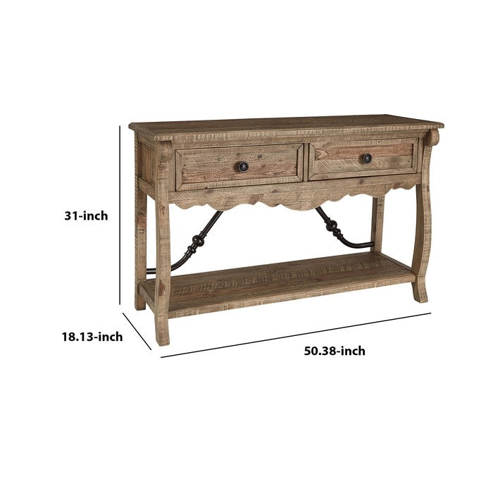 Reclaimed Wooden Frame Sofa Table with 2 Drawers and Open Shelf, Oak Brown