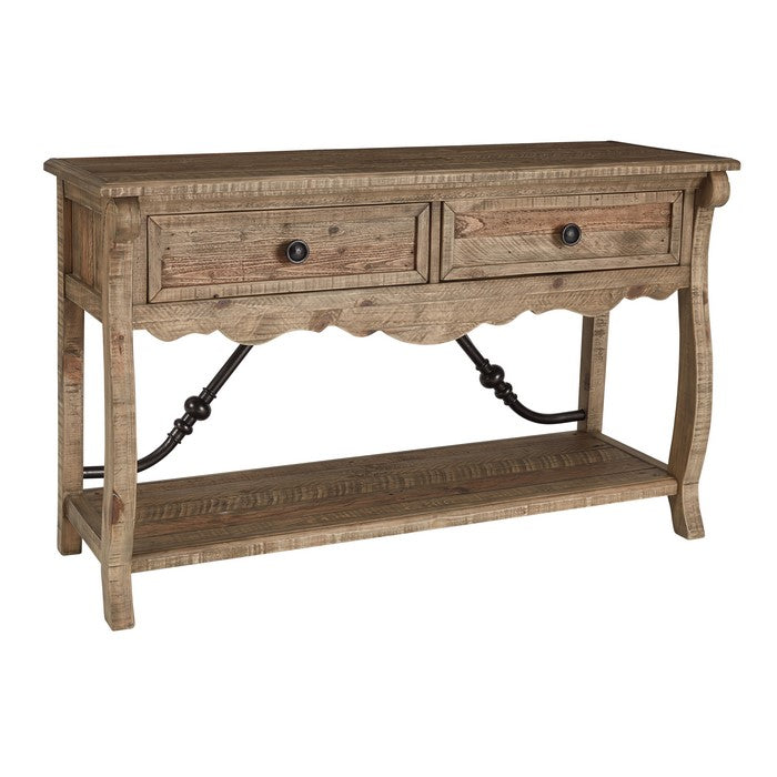 Reclaimed Wooden Frame Sofa Table with 2 Drawers and Open Shelf, Oak Brown