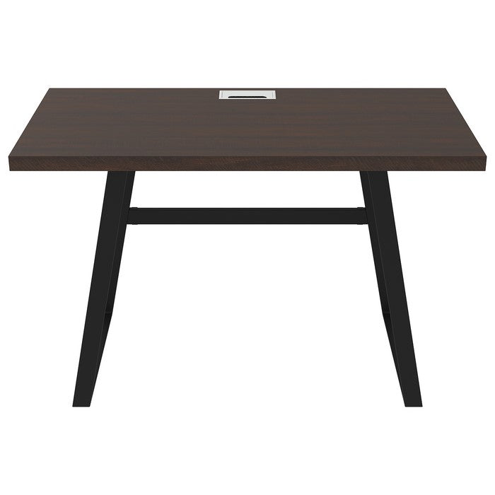 Rectangular Top Wooden Writing Desk with Metal Base, Dark Brown and Black