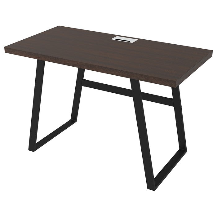 Rectangular Top Wooden Writing Desk with Metal Base, Dark Brown and Black