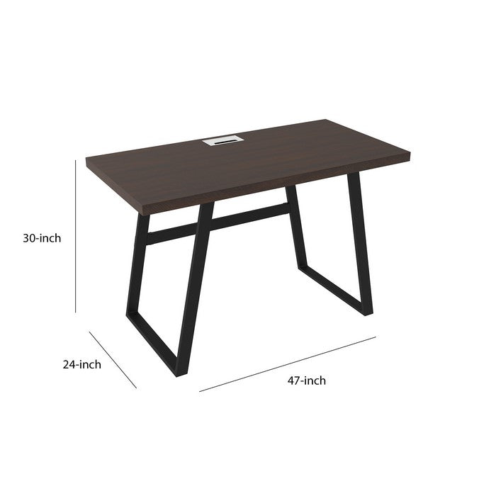 Rectangular Top Wooden Writing Desk with Metal Base, Dark Brown and Black