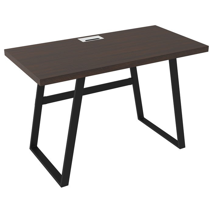 Rectangular Top Wooden Writing Desk with Metal Base, Dark Brown and Black