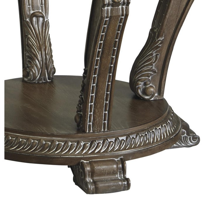 Round Engraved Wooden Frame End Table with Glass Tabletop, Dark Brown