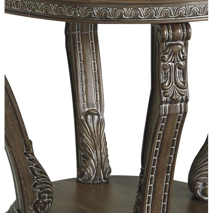 Round Engraved Wooden Frame End Table with Glass Tabletop, Dark Brown