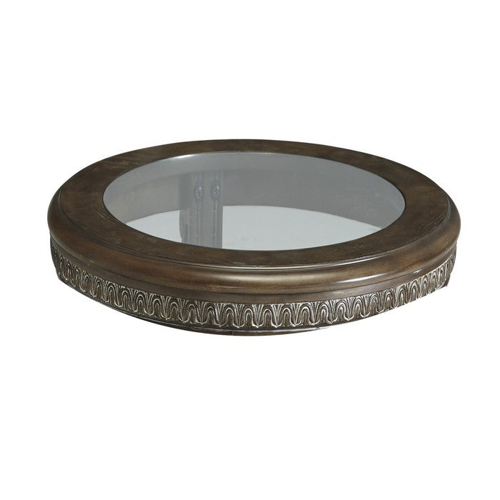 Round Engraved Wooden Frame End Table with Glass Tabletop, Dark Brown