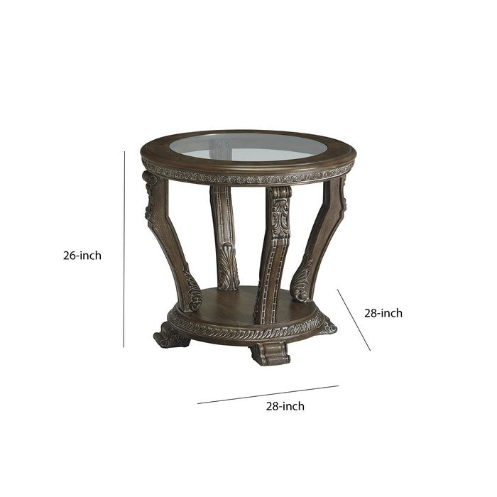 Round Engraved Wooden Frame End Table with Glass Tabletop, Dark Brown