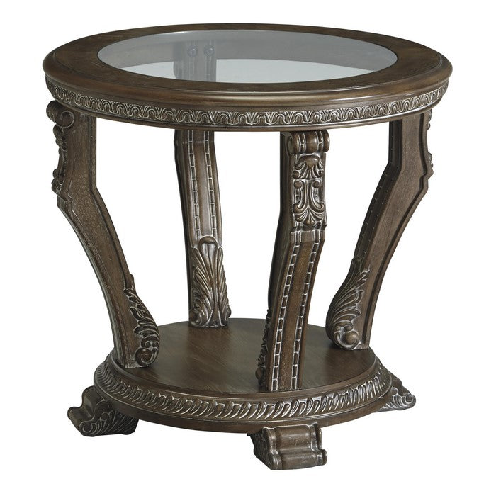 Round Engraved Wooden Frame End Table with Glass Tabletop, Dark Brown