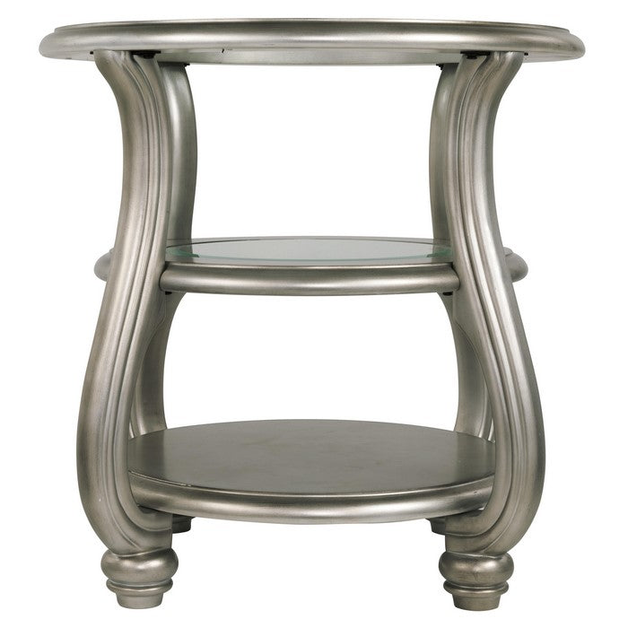Round Glass Top End Table with 2 Open Shelves and Swan Neck Legs, Silver