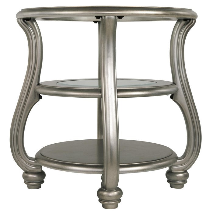 Round Glass Top End Table with 2 Open Shelves and Swan Neck Legs, Silver