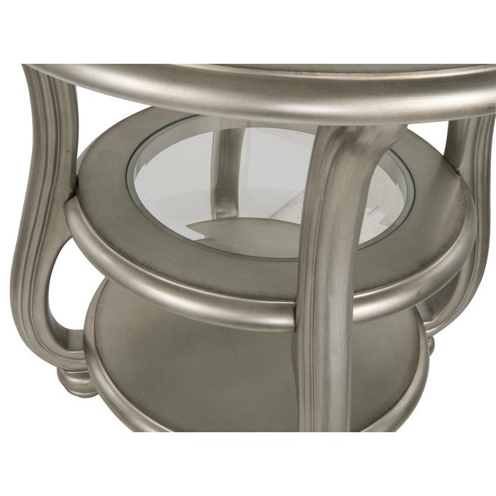 Round Glass Top End Table with 2 Open Shelves and Swan Neck Legs, Silver