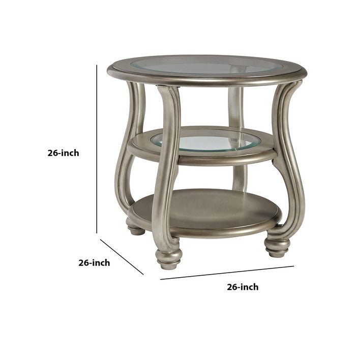Round Glass Top End Table with 2 Open Shelves and Swan Neck Legs, Silver