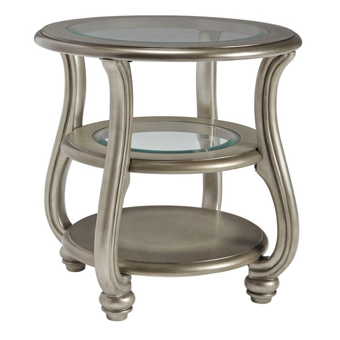 Round Glass Top End Table with 2 Open Shelves and Swan Neck Legs, Silver