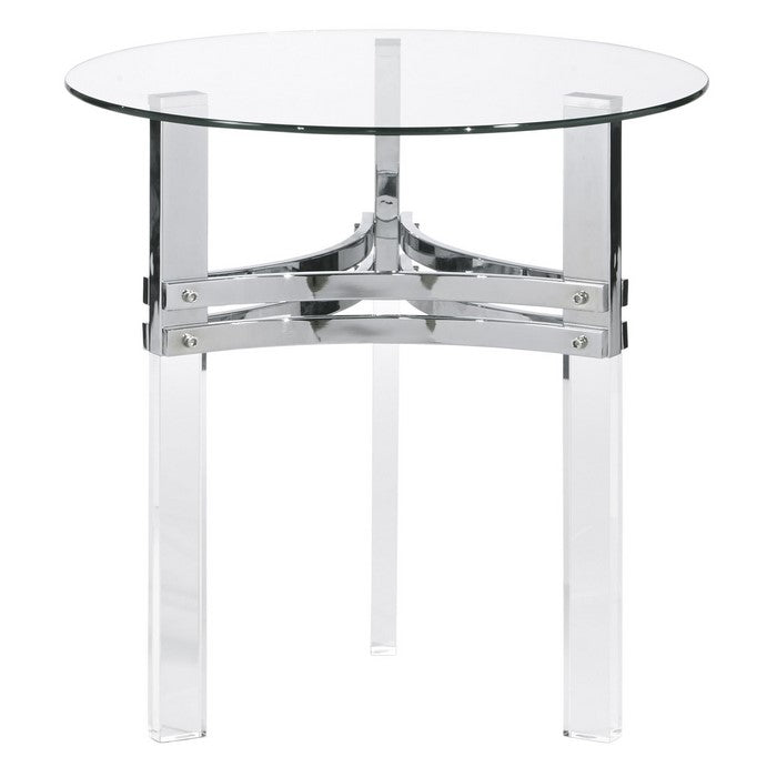 Round Glass Top End Table with Straight Acrylic Legs, Clear and Chrome
