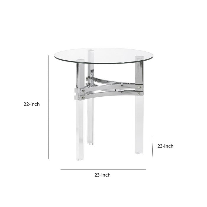 Round Glass Top End Table with Straight Acrylic Legs, Clear and Chrome