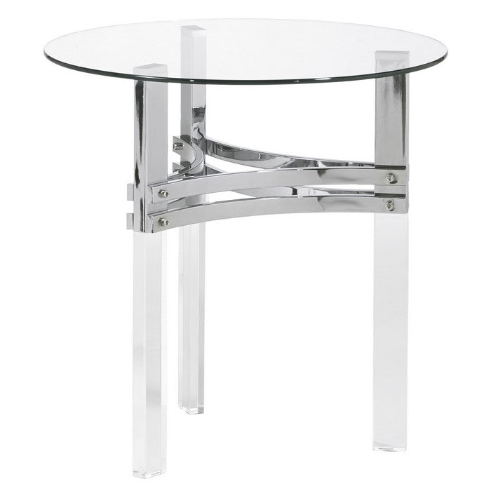 Round Glass Top End Table with Straight Acrylic Legs, Clear and Chrome