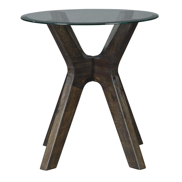 Round Glass Top End Table with Wooden Cross Boomerang Legs, Brown