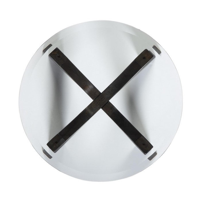 Round Glass Top End Table with Wooden Cross Boomerang Legs, Brown