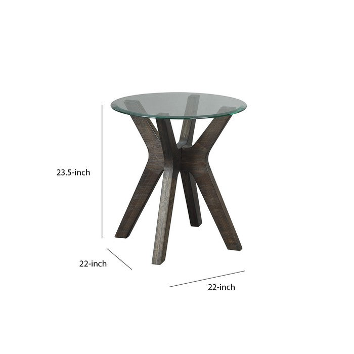 Round Glass Top End Table with Wooden Cross Boomerang Legs, Brown