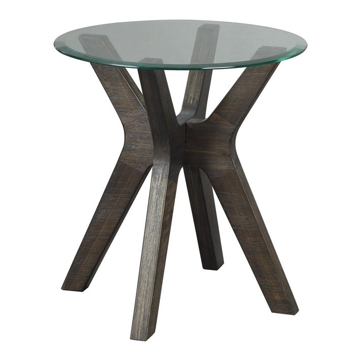 Round Glass Top End Table with Wooden Cross Boomerang Legs, Brown
