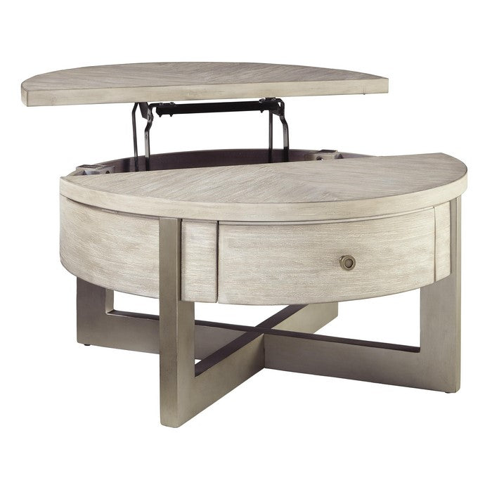 Round Lift Top Wooden Cocktail Table with Drawer, Beige and Brown