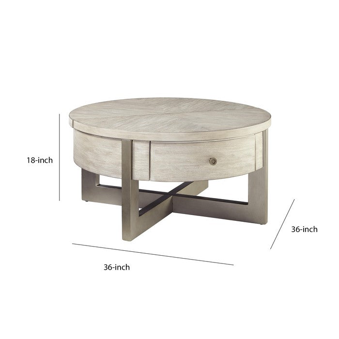 Round Lift Top Wooden Cocktail Table with Drawer, Beige and Brown