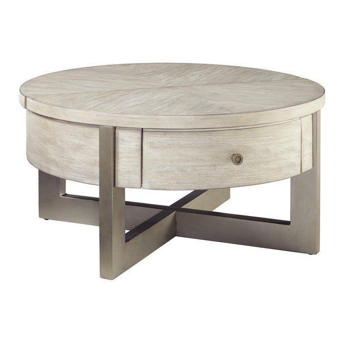 Round Lift Top Wooden Cocktail Table with Drawer, Beige and Brown