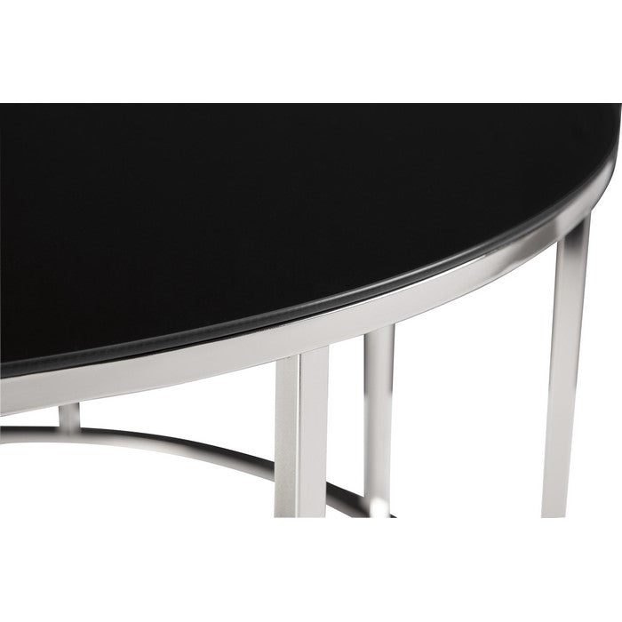 Round Tempered Glass Top Cocktail Table with Metal Frame, Black and Chrome