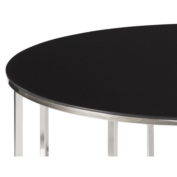 Round Tempered Glass Top Cocktail Table with Metal Frame, Black and Chrome