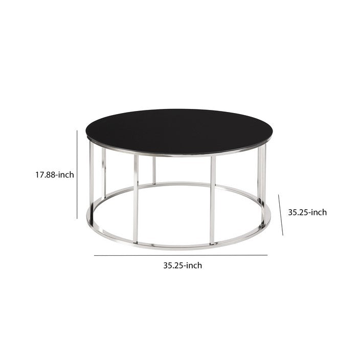 Round Tempered Glass Top Cocktail Table with Metal Frame, Black and Chrome