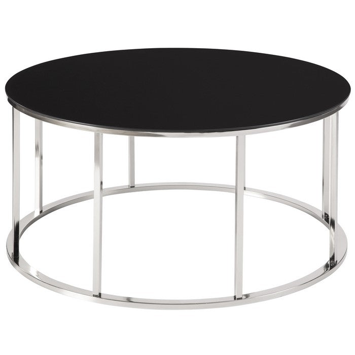 Round Tempered Glass Top Cocktail Table with Metal Frame, Black and Chrome