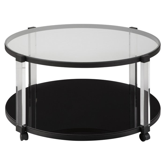 Round Tempered Glass Top Cocktail Table with Open Shelf, Black and Clear