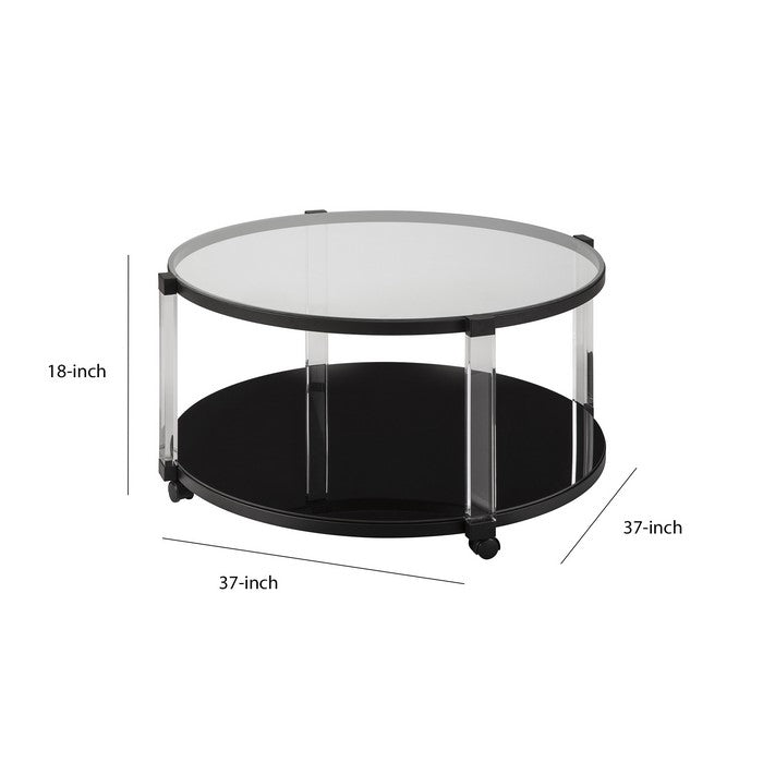 Round Tempered Glass Top Cocktail Table with Open Shelf, Black and Clear