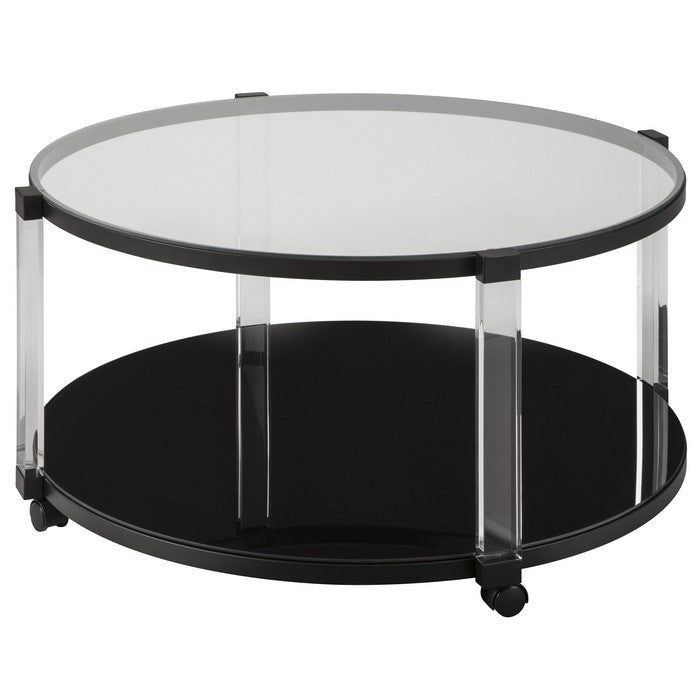 Round Tempered Glass Top Cocktail Table with Open Shelf, Black and Clear