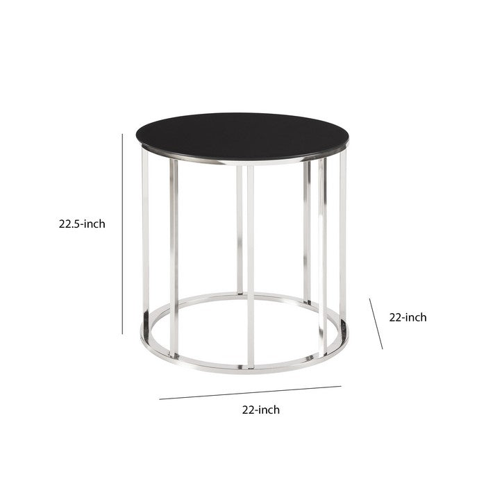 Round Tempered Glass Top End Table with Metal Frame, Black and Chrome